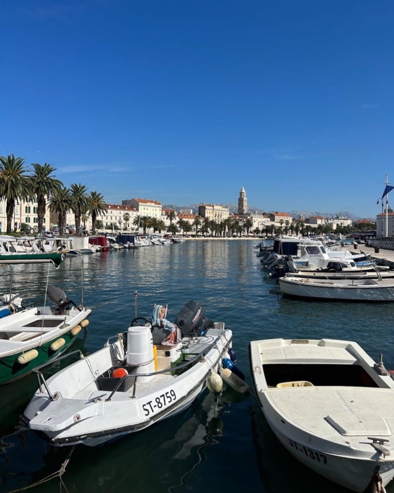 View of the Riva Promenade and the bell tower in Split.